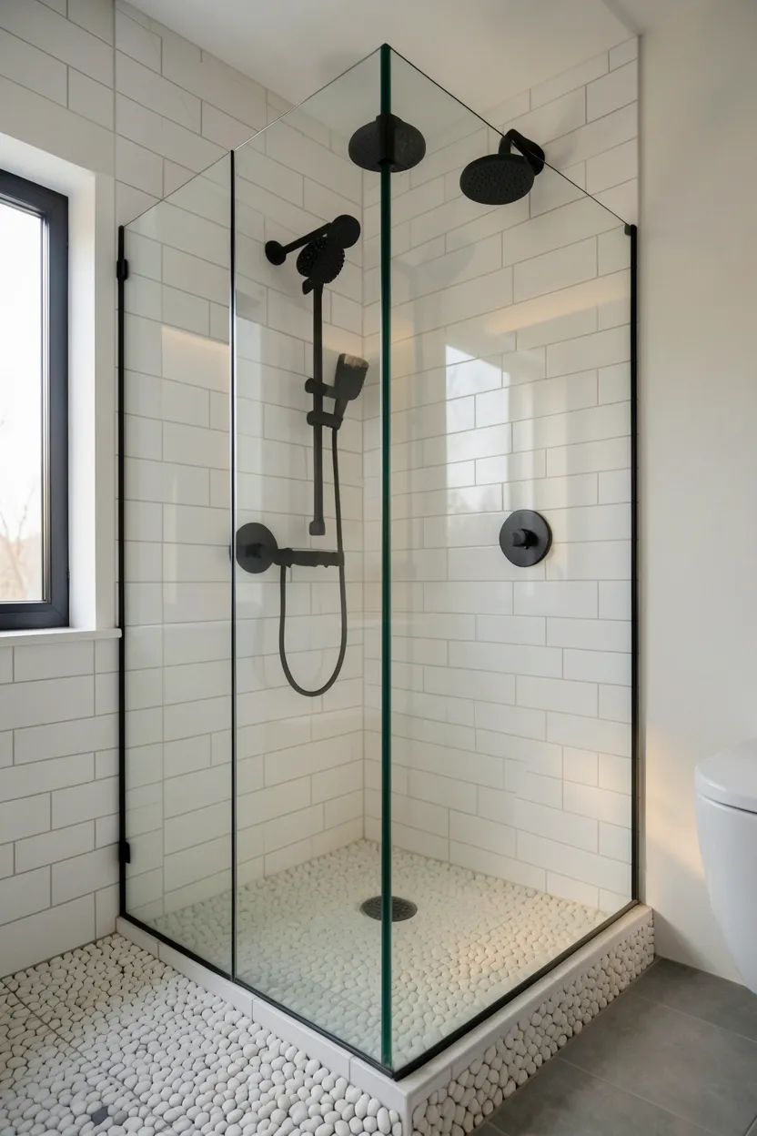 Frameless clear glass partition separating shower zone from the rest of a bright open modern bathroom