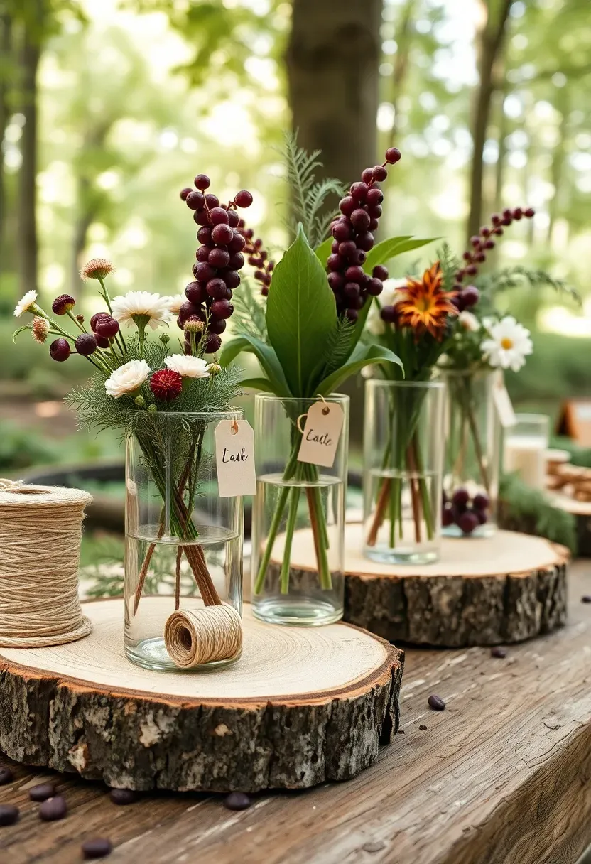 woodland wedding flower bar on birch log slice pedestals with glass cylinder vases and wildflowers