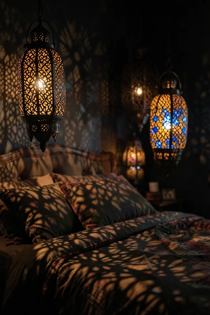 Boho bedroom accent wall with dark botanical patterned wallpaper behind bed, complementing jewel-tone bedding and natural wood furniture