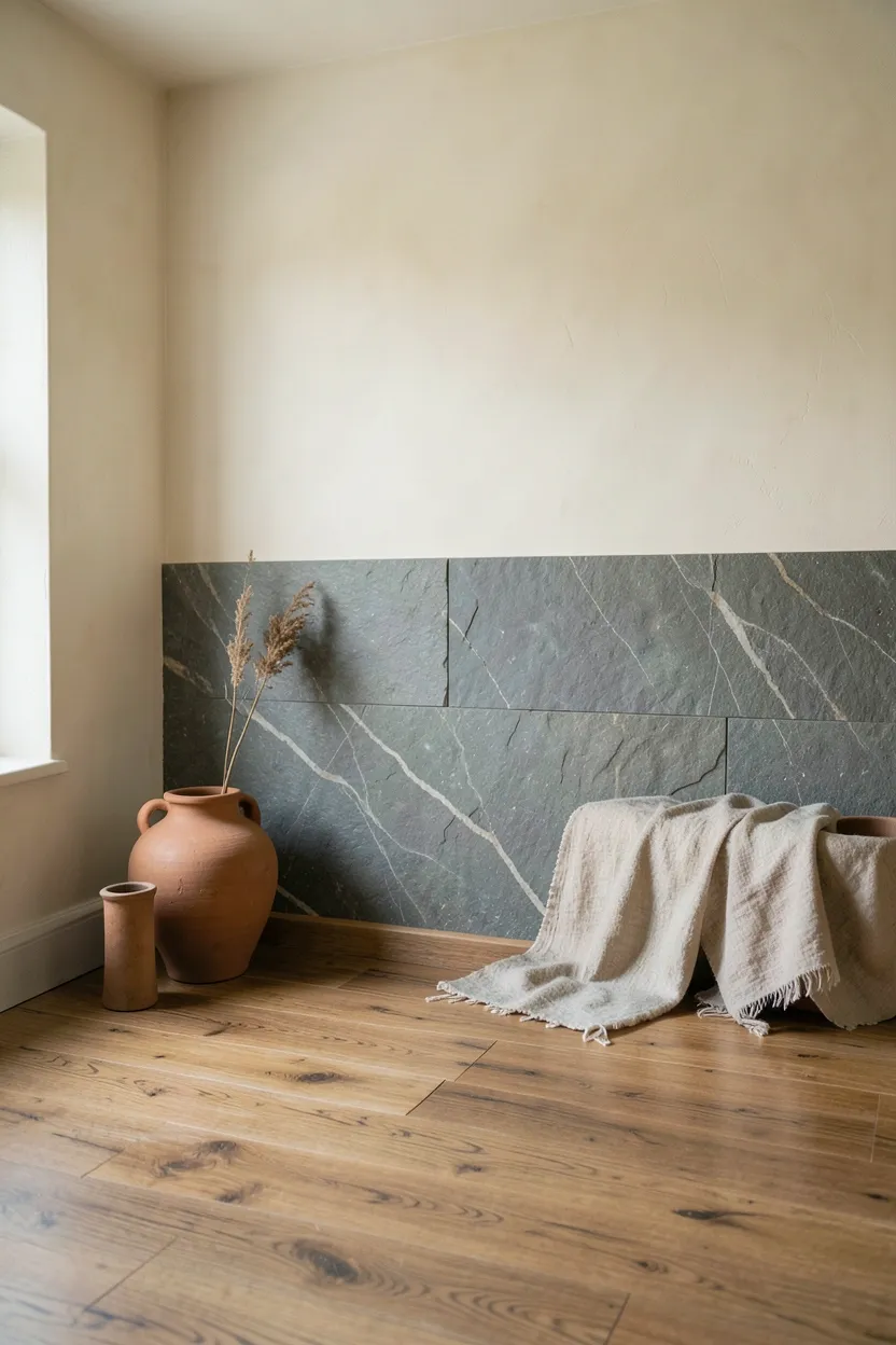 Minimalist wabi-sabi corner with unglazed ceramic vase, dried branches, and natural linen textile on warm wood shelf