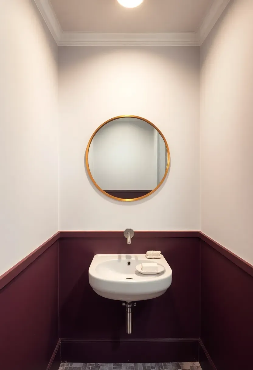Small bathroom with deep aubergine paint on the lower half of the wall and white upper wall with a brass mirror