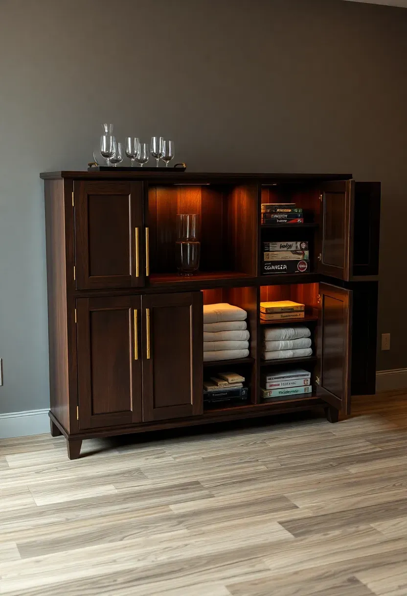 Dark wood sideboard buffet with bottles and glassware on top in a basement entertaining space