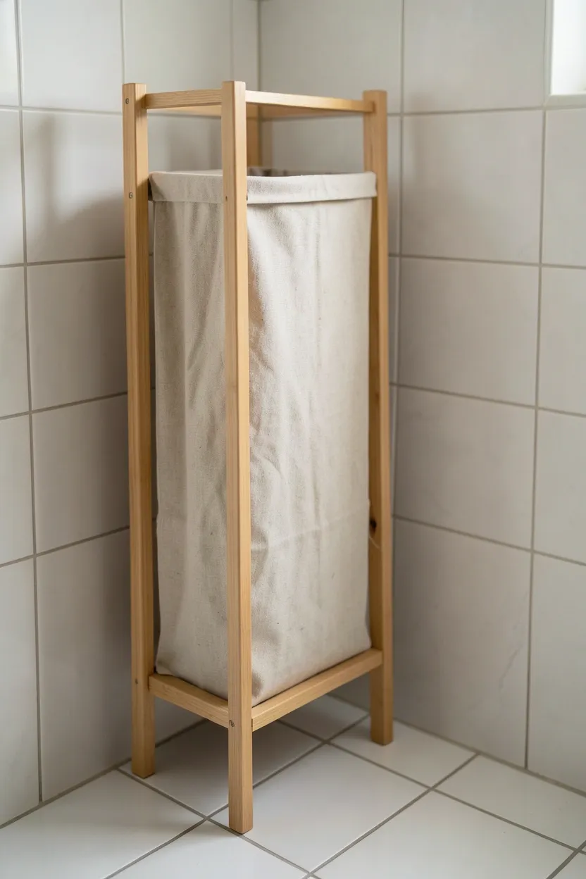 Slim woven laundry hamper with lid fitting neatly in the corner of a small apartment bathroom next to the toilet