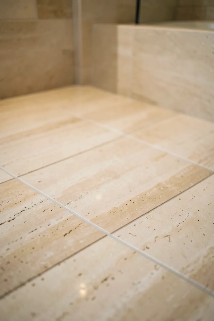 Large-format natural stone heated floor tiles in a Toca Boca modern mansion bathroom with warm lighting