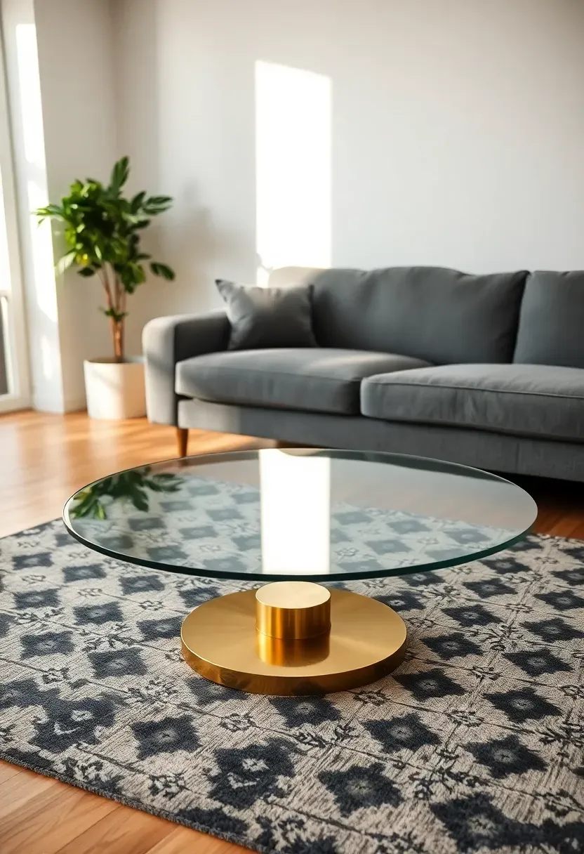 Hyper-realistic 3/4 view of living room featuring transparent glass coffee table. Materials: circular tempered glass tabletop with minimal brass base, allowing patterned rug beneath to remain fully visible. Gray sofa above, white walls, oak floor. Glass surface creating visual lightness. Light reflecting off glass surface showing transparency and room depth.</p>