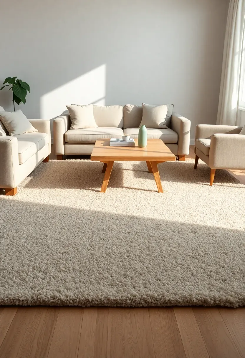 large wool area rug in warm ivory anchoring a living room sofa and armchair grouping on light wood floor