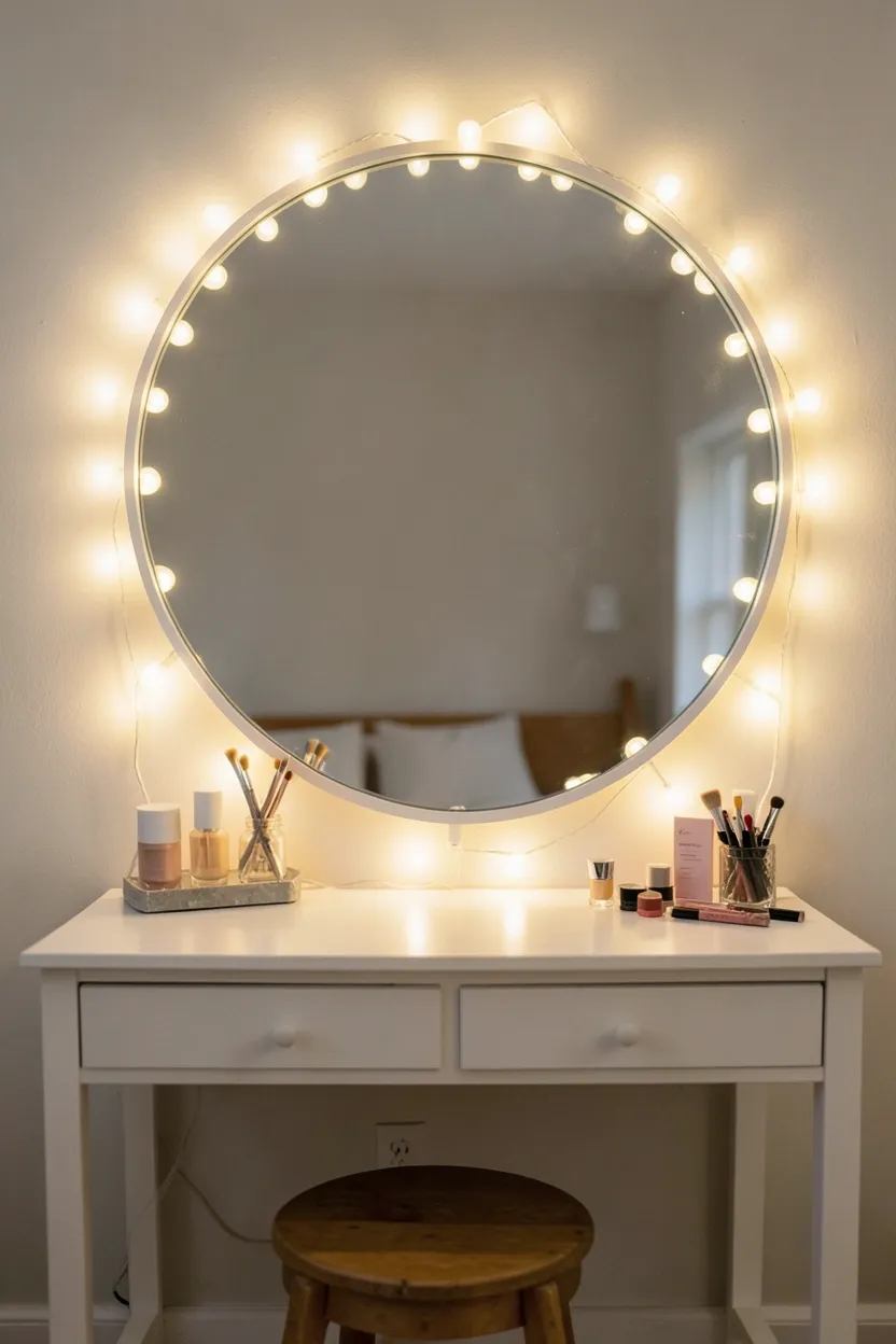 Hyper-realistic eye-level photograph of a large round bedroom mirror surrounded by warm white fairy lights creating a glowing halo effect. White vanity table below with wooden stool, small makeup items on table surface. Soft room lighting. Materials: clear glass mirror, warm LED lights, painted wood vanity. Glamorous cozy mood. Shallow depth of field, sharp details on light reflection in mirror. No text, no logos, no watermarks.</p>
