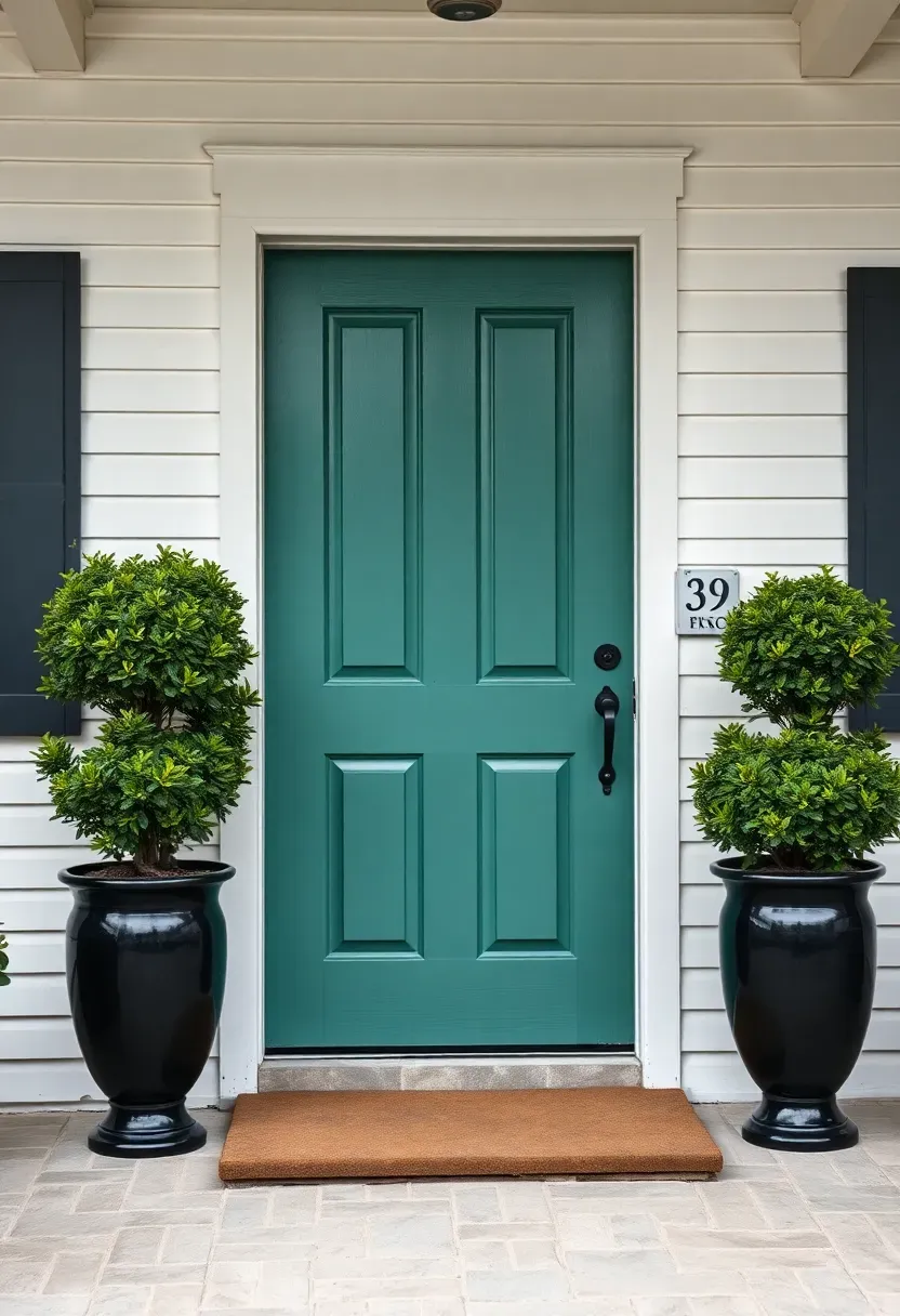front door painted in striking clouded jade green against a white house exterior with potted plants