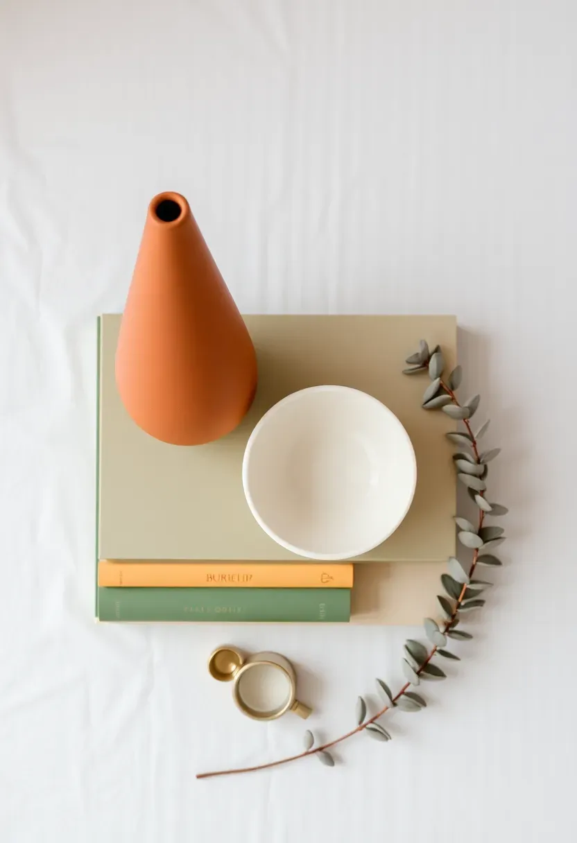 Flat lay of shelf objects arranged on a light wooden table — terracotta vase, cream ceramic bowl, sage green book spines, a small brass candleholder, a dried eucalyptus stem — cohesive warm neutral palette