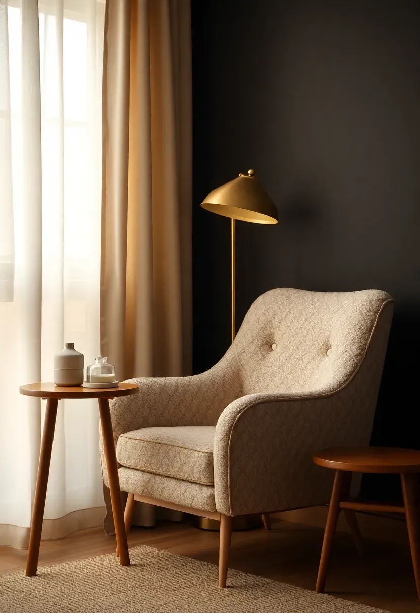 Boucle reading nook with brass floor lamp