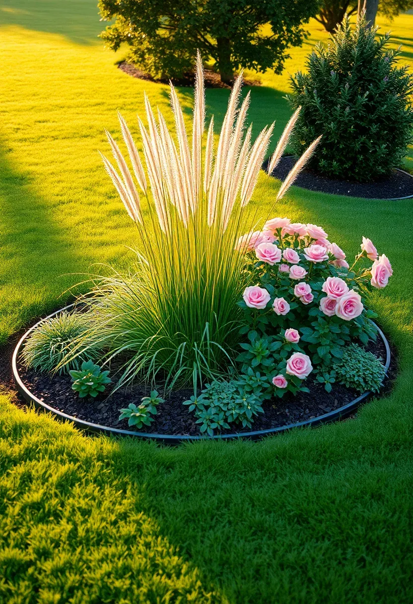 An oval-shaped island flower bed in the center of a green lawn planted with layered roses, ornamental grasses, and ground cover flowers