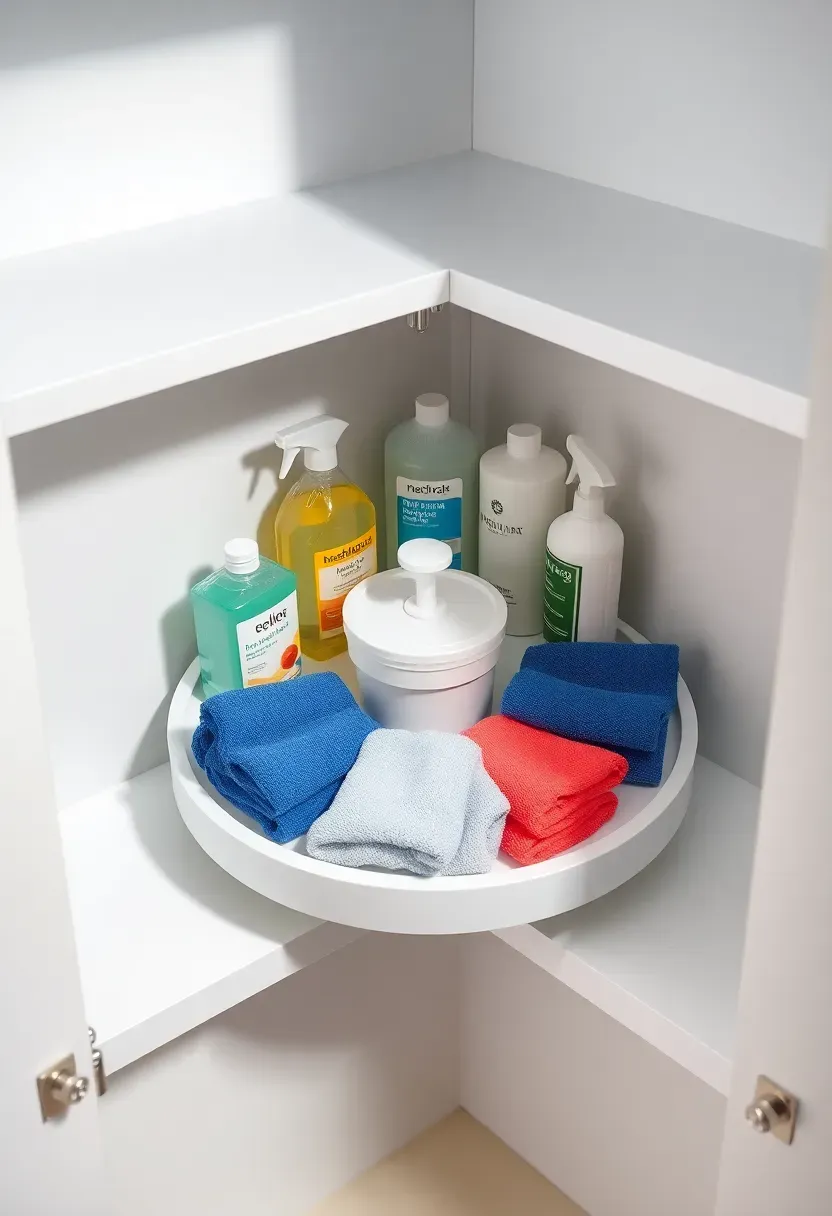 White plastic lazy Susan turntable on a bathroom cabinet shelf holding bottles of cleaner and rags arranged in a circle