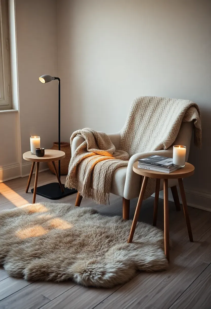 Hyper-realistic intimate view of a hygge Scandinavian reading corner. Cream wool armchair with oatmeal throw blanket draped casually, sheepskin rug on floor, small round wooden side table with steaming coffee cup and flickering candle, stacked books. White walls, light wood floor, warm ambient lighting from floor lamp and candle. Materials: wool knit, sheepskin, oak wood, ceramic, linen book covers. Warm golden hour light streaming through window, soft cozy shadows. Hygge mood of intimate warmth and contentment, shallow depth of field with warm textures in focus.</p>