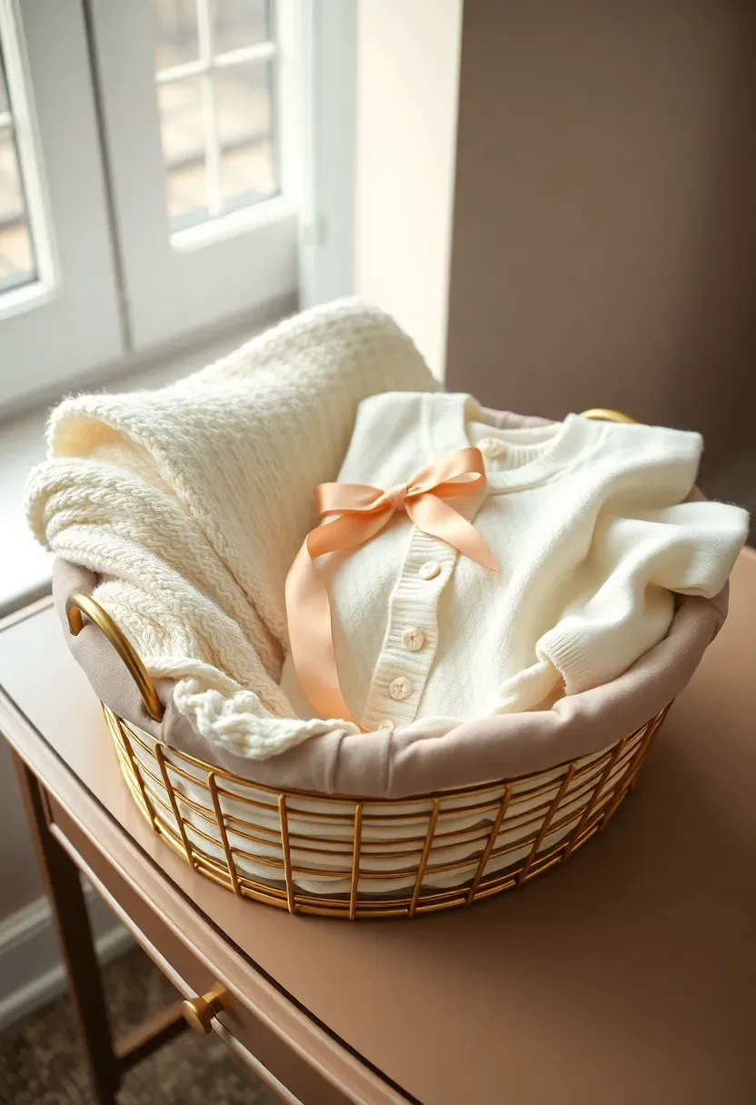 luxury baby gift basket with cashmere blanket silk sleep sack pearl-buttoned cardigan and a velvet lined basket with satin ribbon