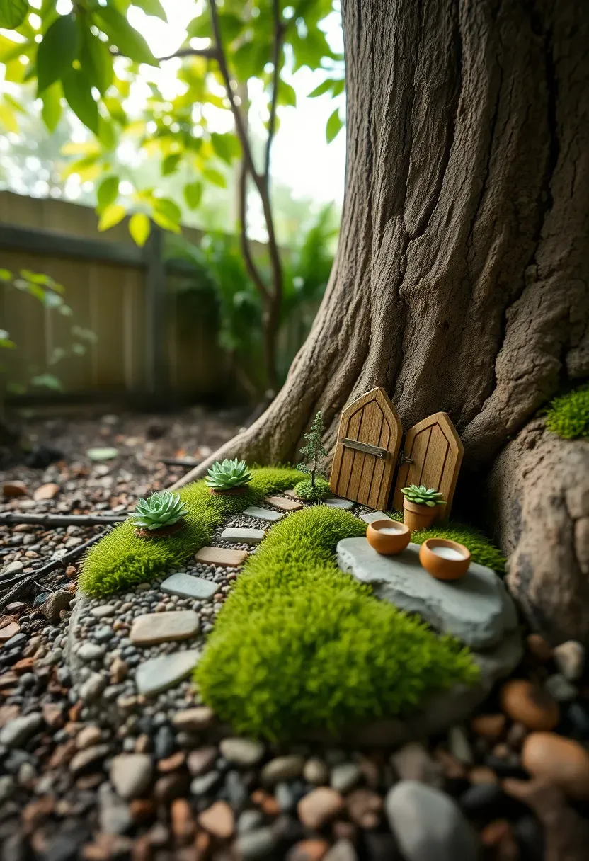 A miniature fairy garden in a backyard corner with tiny stone paths, small potted succulents, moss ground cover, a tiny wooden door against a tree trunk, and pebble borders