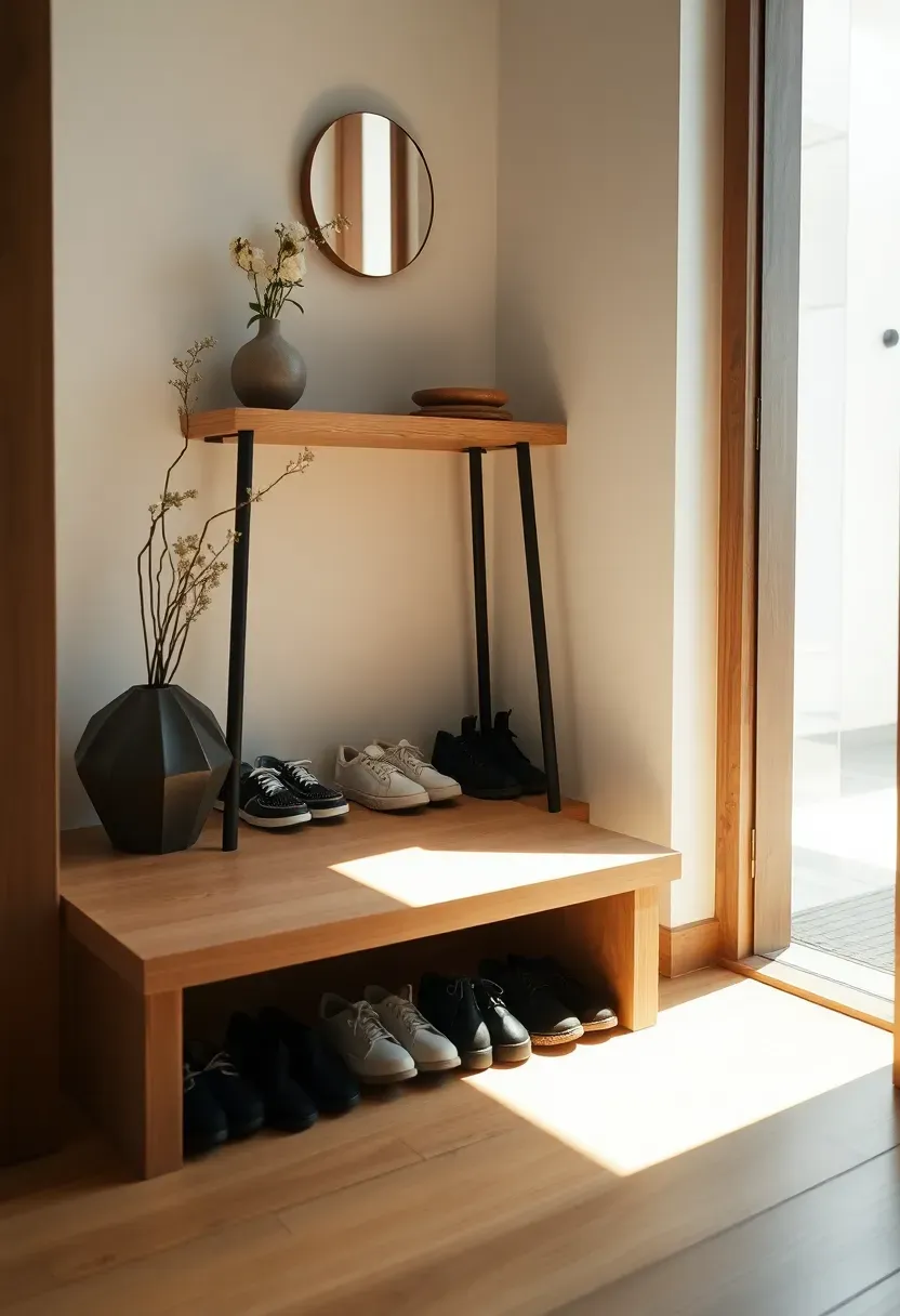 Hyper-realistic 3/4 view of a modern genkan-inspired entryway: lower level with simple wooden shoe shelf holding neatly arranged indoor footwear, single step up to main floor level with light wood flooring, small minimal console table above. Materials: light wood lower floor and shoe shelf, natural stone or wood step up, minimal console table, white wall with small mirror. Natural daylight from door right creating clear shadow line between lower genkan level and raised main floor. Clean uncluttered arrangement, no outdoor shoes visible on main floor. Shallow depth of field emphasizing the level transition. No text, no logos, no watermarks.</p>