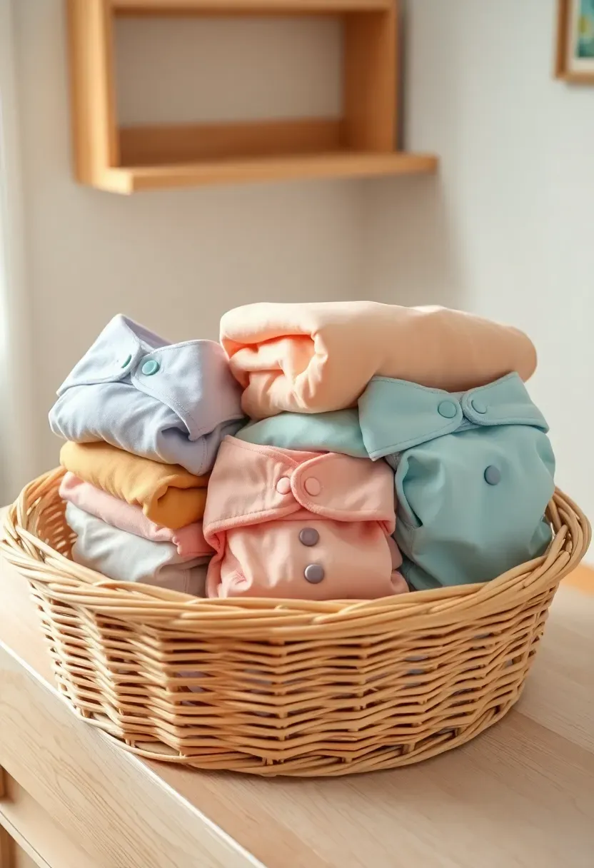 neatly folded reusable cloth diapers in various pastel colors with snaps arranged in a wicker basket