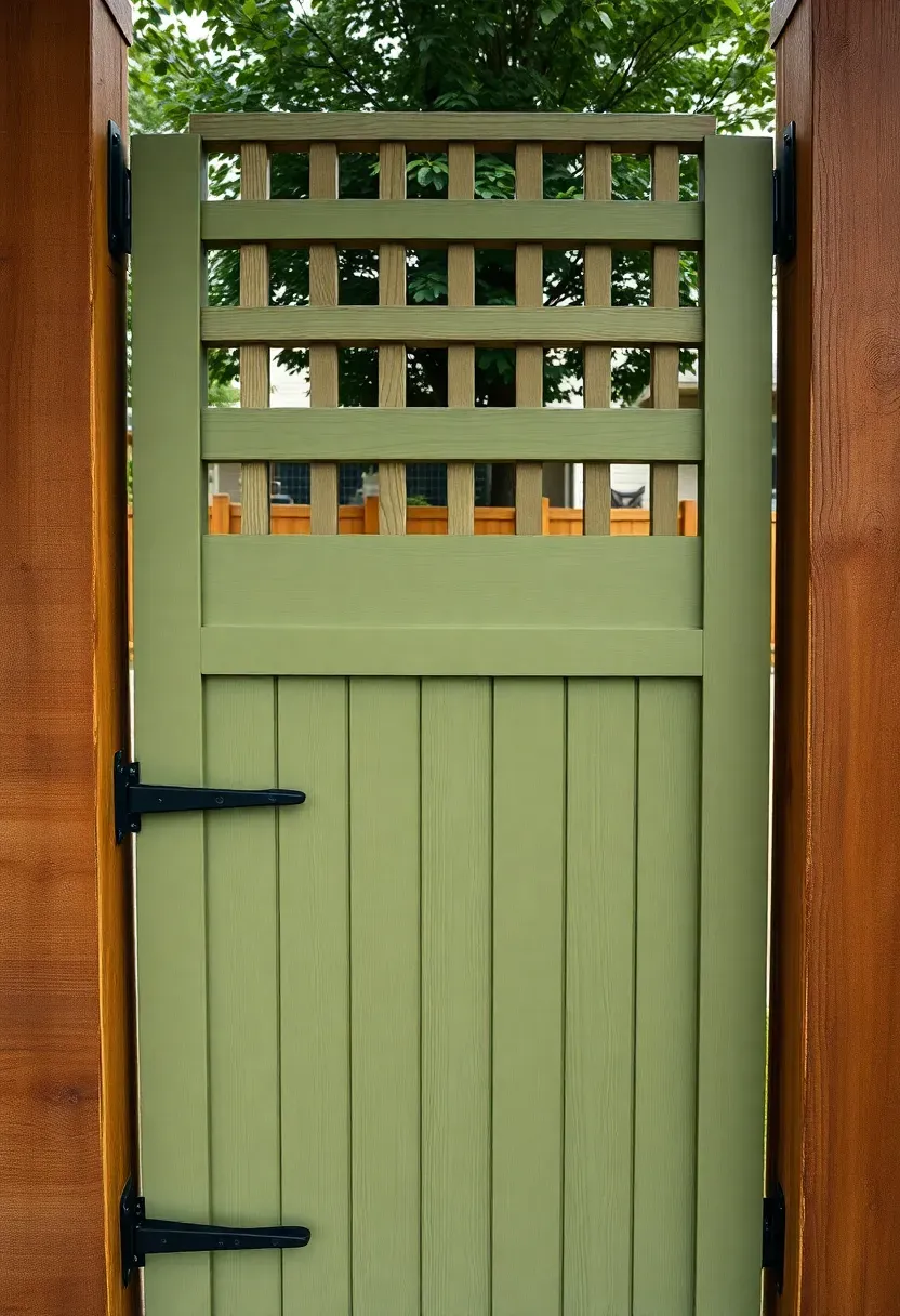 Privacy gate with solid wood panels on the bottom and a lattice section on top allowing filtered light through