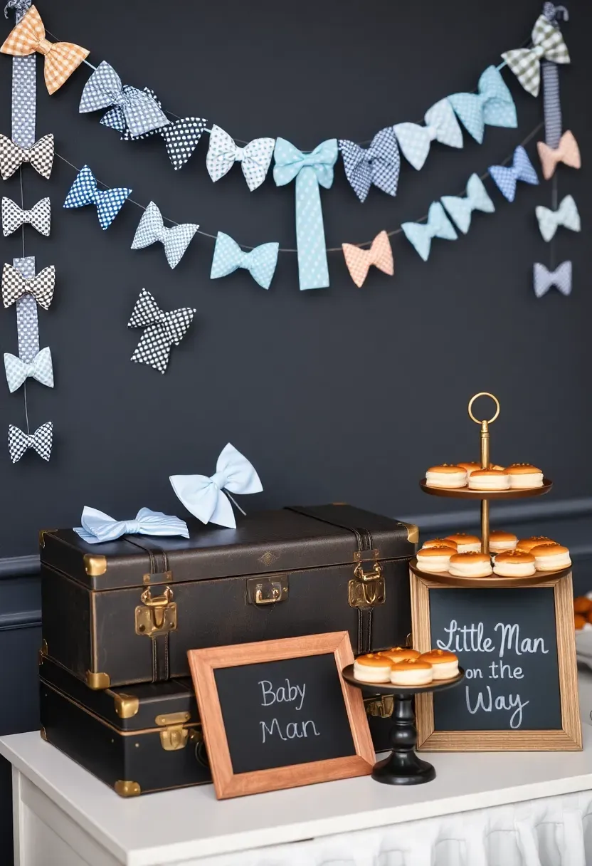 little man themed baby shower with bow tie garland suspenders and vintage props