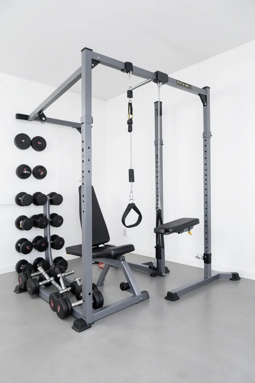 Small apartment gym with multipurpose equipment — adjustable dumbbells replacing a full weight rack, suspension trainer on door anchor, and a foldable bench