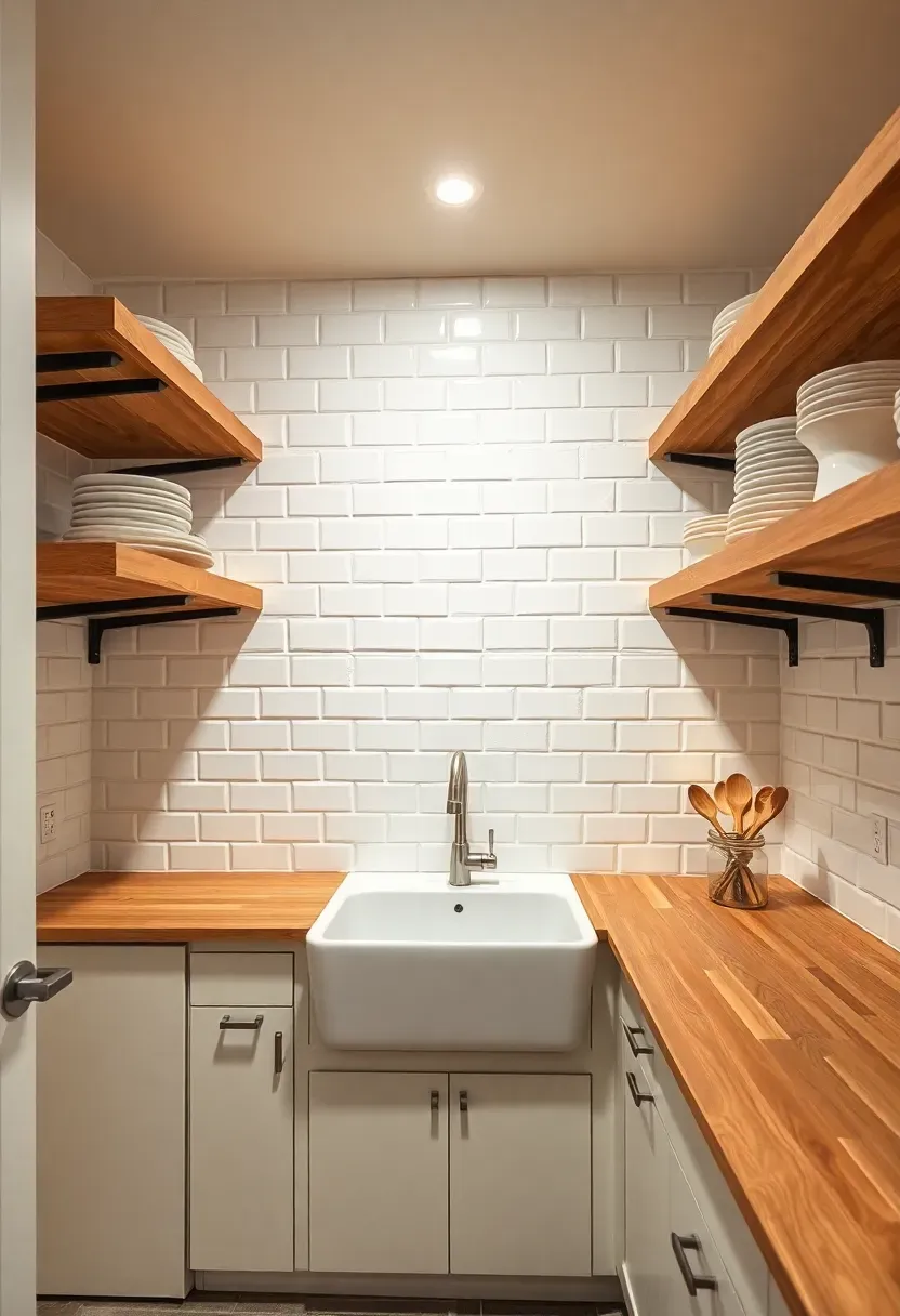 Airy basement kitchenette with floating wood shelves instead of upper cabinets, white subway tile backsplash, and a small farm sink