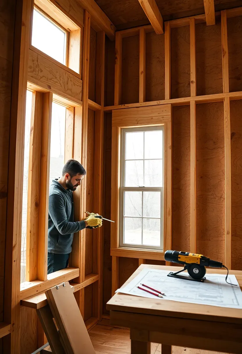 Hyper-realistic detail shot showing tiny house construction in progress: partially framed wall with exposed 2x4 studs, plywood sheathing being installed, worker in work gloves measuring lumber, tools visible (circular saw, drill, level). Materials: raw lumber, plywood, nails, construction tools. Natural daylight from opening where window will be installed. Visible tape measure, pencil, construction blueprint on nearby surface. Worksite aesthetic showing quality construction. Fine Homebuilding magazine photography style. No text, no logos, no watermarks.</p>