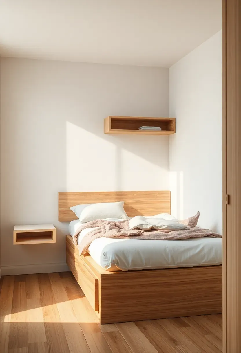Small budget bedroom with a compact platform bed with storage drawers, a slim floating wall shelf serving as a nightstand, and a wall-mounted fold-out desk beside a window