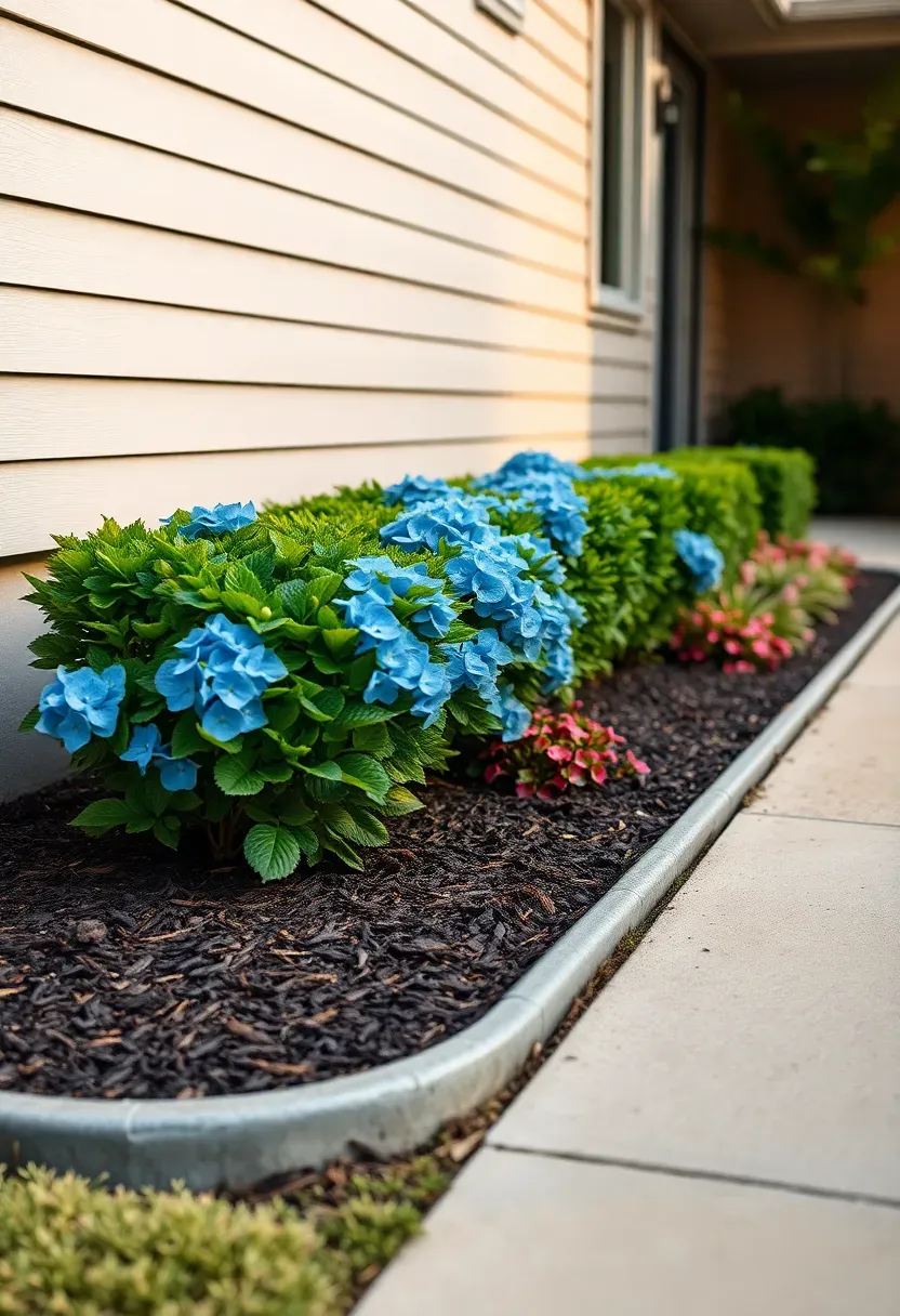 A neat foundation flower bed along a house wall with boxwood hedging, hydrangeas, and lower perennials in front of a home exterior