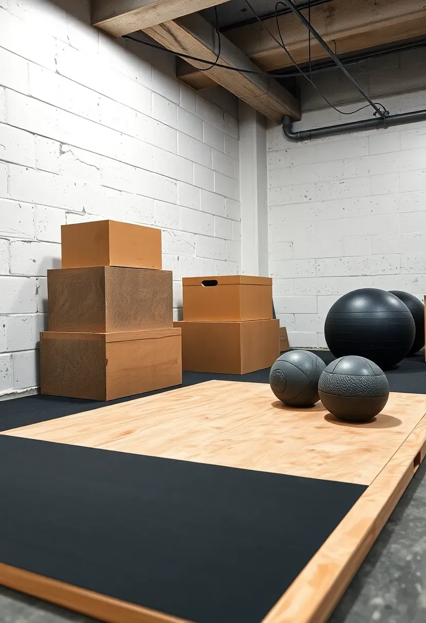 Plywood plyometric platform in a basement gym with a box jump, medicine balls on the floor, and concrete walls painted white