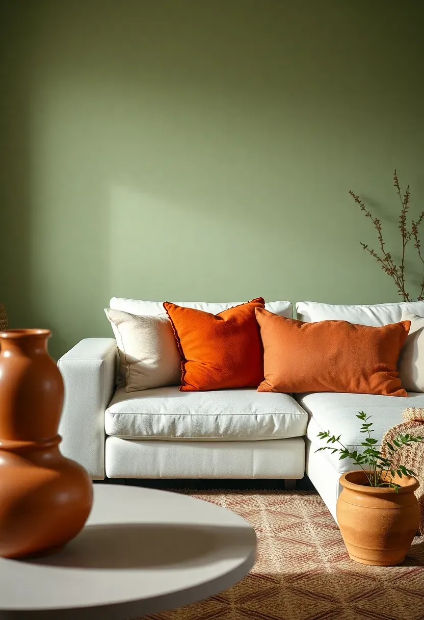 Hyper-realistic view of sage green living room with terracotta accents — terracotta vase on table, terracotta throw pillows, sage walls, white sofa, clay pot with plant. Materials: sage green walls, terracotta ceramic and fabric, white upholstery, natural plants. Warm natural light, earthy organic mood. Terracotta as warm accent to cool sage, shallow depth of field, no text, no logos.</p>