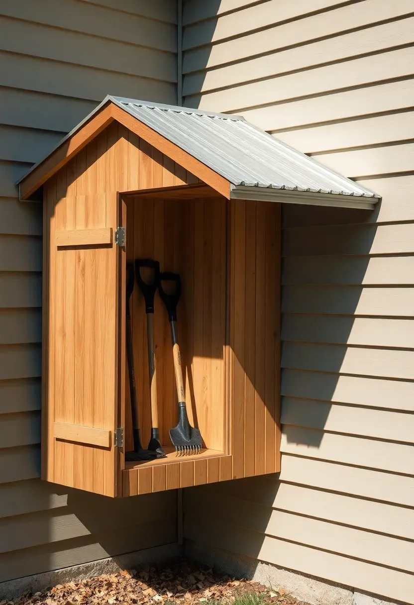 A narrow lean-to tool shed attached to the side of a house with vertical cedar plank siding and a sloped metal roof