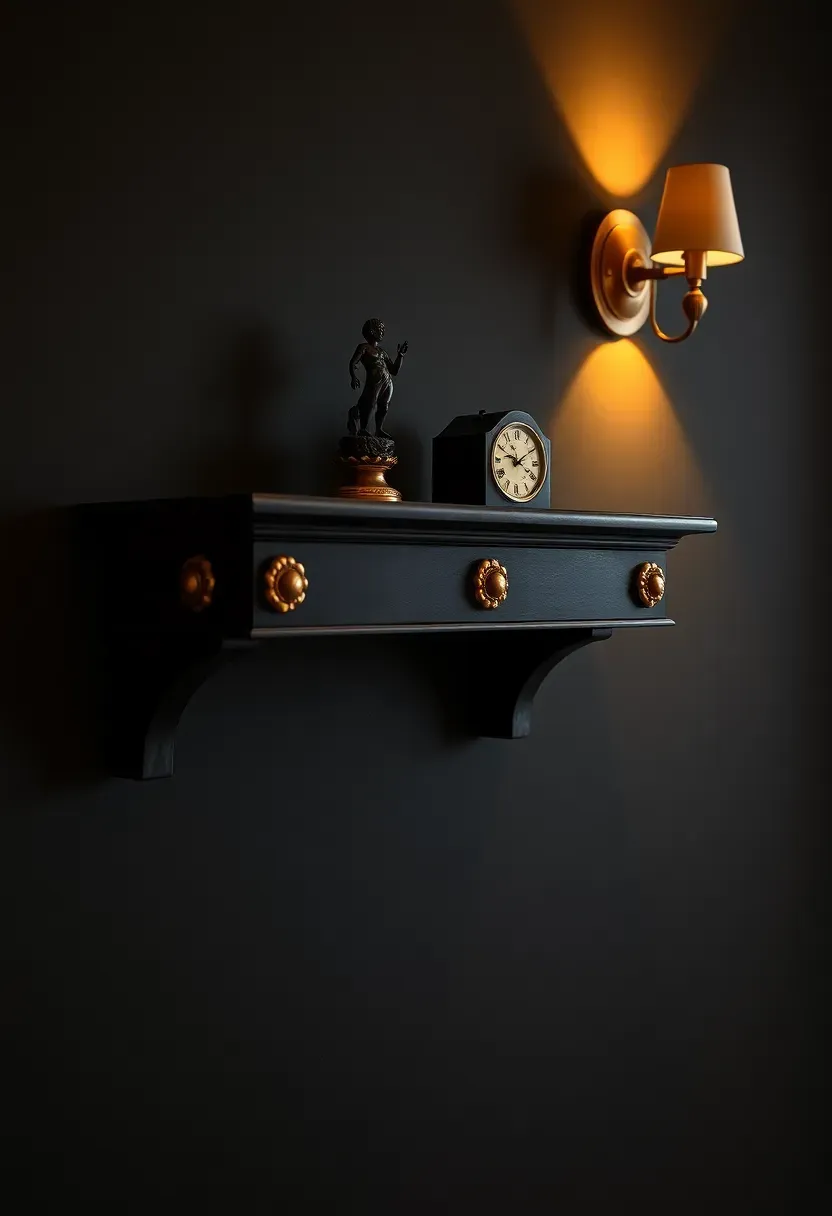 Empire-style shelf with ebonized wood and gold leaf trim, displaying classical bronze figures and an antique clock against a dark wall