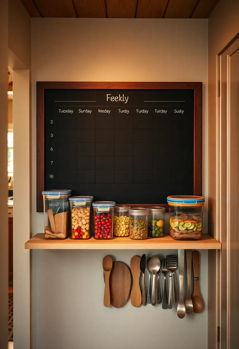 Pantry area with a large framed chalkboard meal plan grid on the wall beside it a row of clear glass meal-prep containers stacked with prepared ingredients, oak shelf below with coordinating kitchen tools, kitchen counter visible in soft focus behind