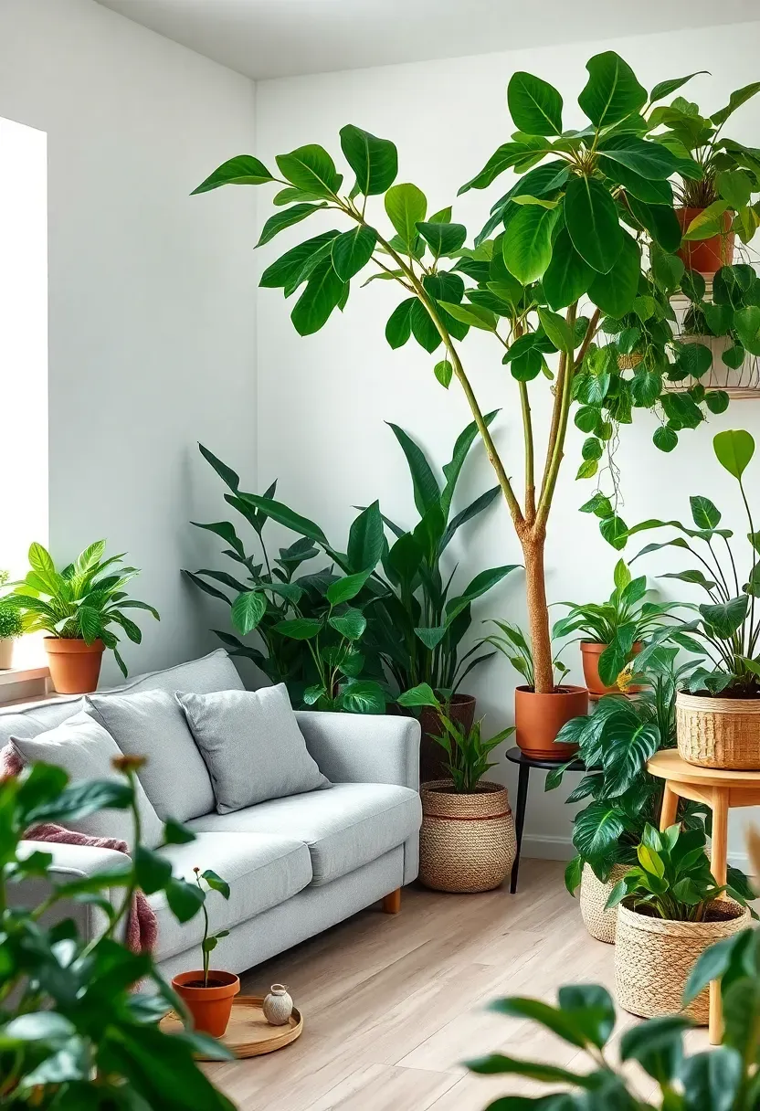Hyper-realistic 3/4 view of a Scandinavian living room filled with indoor plants. Large fiddle leaf fig tree in corner reaching toward ceiling. Snake plant on floor, pothos trailing from shelf, peace lily on side table. Various pot styles: terracotta, white ceramic, natural baskets. Light gray sofa, white walls, light oak floor. Plants create layered green backdrop. Bright daylight, lush tranquil mood. Materials: green foliage, terracotta, white ceramic, woven jute. Soft diffused light, sharp botanical details, visible room context, no text, no logos.</p>