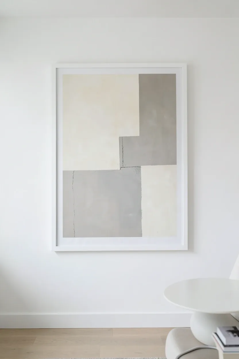 Large abstract art print in muted tones hung above a linen sofa as a focal point in a modern minimalist living room