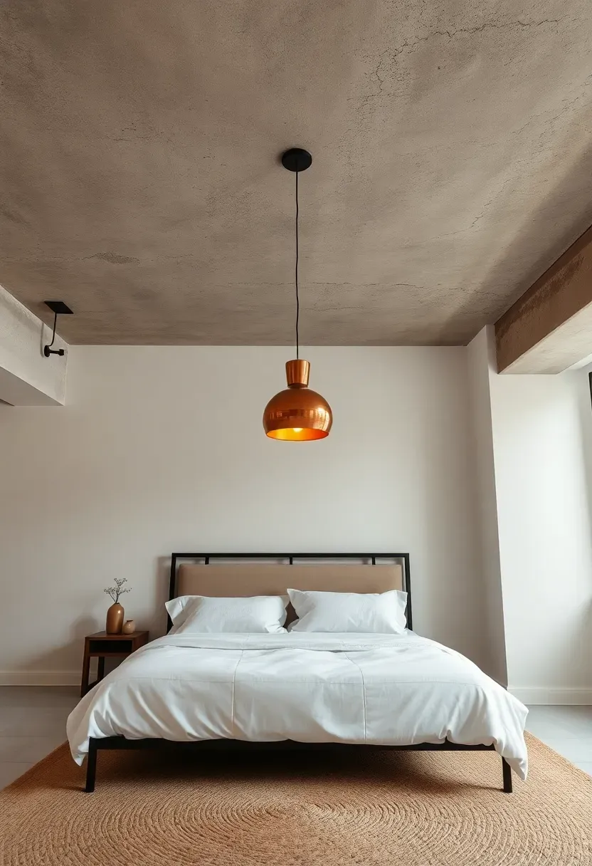 Basement bedroom with exposed raw concrete ceiling and warm pendant lights hanging over a low-profile bed