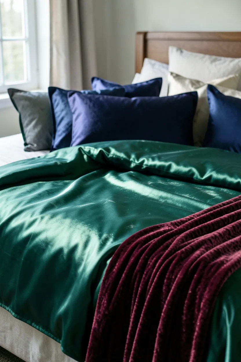 Hyper-realistic eye-level photograph of a maximalist bed featuring mixed silk and satin bedding: emerald green silk duvet cover with subtle sheen, satin pillow shams in navy blue, with a textured velvet throw blanket in deep ruby at the foot of the bed. The fabrics catch and reflect light from bedroom window. Materials: silk duvet, satin pillow shams, velvet throw blanket, linen sheets. Natural morning light illuminating fabric sheen and texture variations. Coherent mood: luxurious and glamorous maximalist bedroom with rich fabric mix. Shallow depth of field, sharp details on fabric textures and sheen, balanced composition showing bed and room context. No text, no logos, no watermarks.</p>