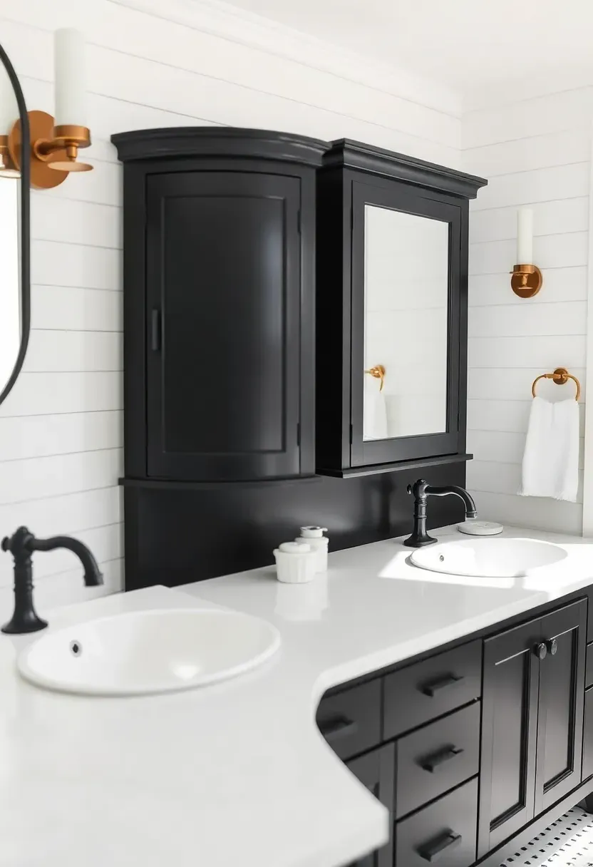 Black double vanity cabinet with two white undermount sinks and matte black faucets — shared bathroom storage