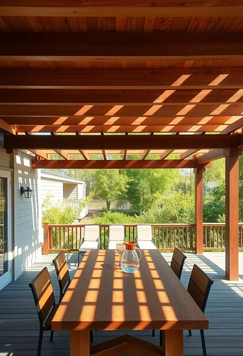 Upper deck level topped with a cedar pergola casting dappled shade over a dining area with the lower open deck level below for sun bathing