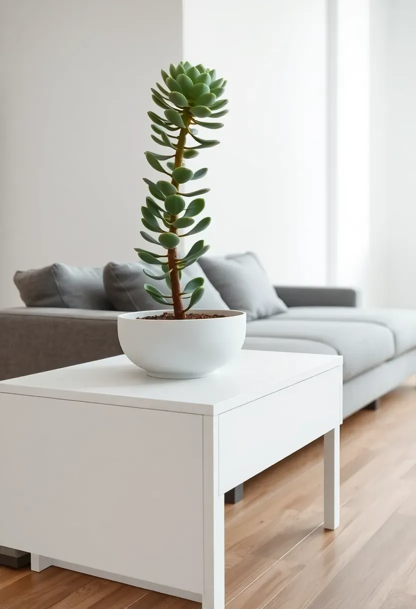 Hyper-realistic side view of low white console table against white wall. On console: single tall aeonium succulent, 30 inches, in wide matte white bowl. Succulent has dramatic rosette form on thick stem. Rest of console surface completely empty. Behind: gray sofa back, light wood floor extending. No other objects in frame. Abundant negative space. Large window with soft light. Materials: white lacquer console, matte white planter, succulent's fleshy leaves. Natural daylight accentuates succulent's architectural form. Serene minimalist mood where single dramatic plant serves as living sculpture on minimalist surface.</p>