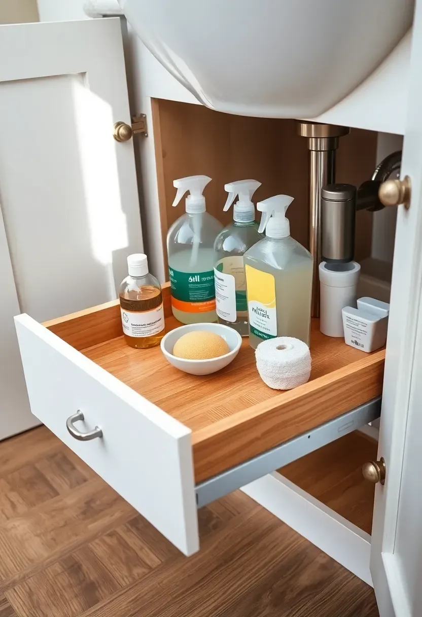 Wooden pull-out tray with handle on glides under a bathroom sink fully extended showing organized cleaning bottles