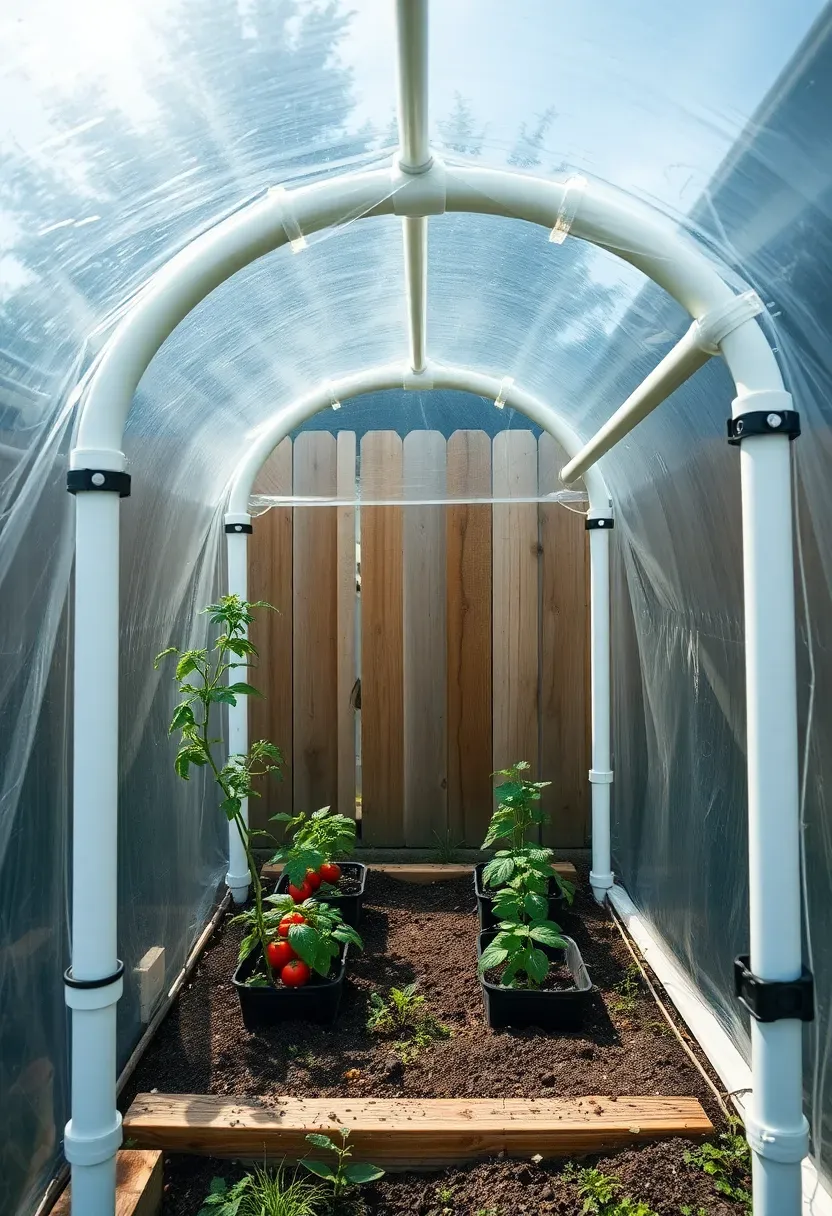 A simple PVC pipe frame greenhouse covered in clear plastic sheeting in a small suburban backyard with tomato plants inside