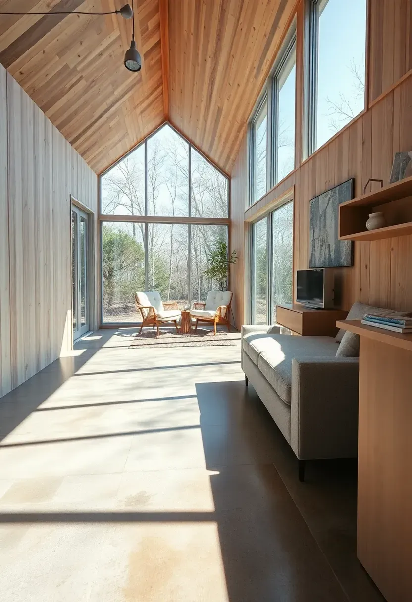 Hyper-realistic 3/4 view of a tiny house interior showing polished concrete floor with natural staining, large windows admitting sunlight, and minimal furniture. Materials: warm gray polished concrete, light wood walls, large glass windows, simple modern furniture. Dappled sunlight pattern on floor, thermal mass design. Sustainable passive solar architecture, clean modern aesthetic. Shallow depth of field, soft interior shadows. No text, no logos.</p>