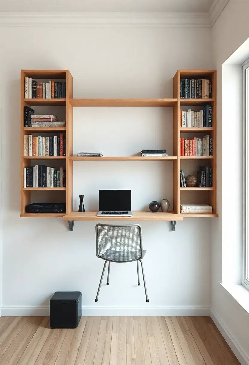Hyper-realistic 3/4 view of a floating white oak desk mounted to the wall, surrounded by overhead bookshelves that extend to the ceiling. The desk has a slim profile with no visible legs, a modern task chair pulls up to it. Books arranged on shelves above, some small decorative objects. Minimalist accessories on desktop. Materials: white oak, white wall paint, modern mesh chair. Clean bright light from nearby window, organized contemporary mood like a minimalist home office. Sharp details, no visible mounting hardware, no clutter.</p>