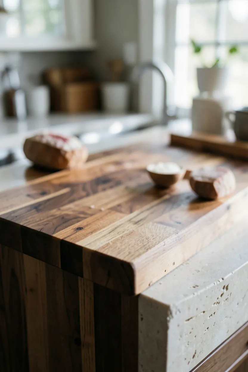 Rustic farmhouse kitchen with warm butcher block wood countertops beside honed marble stone island surface