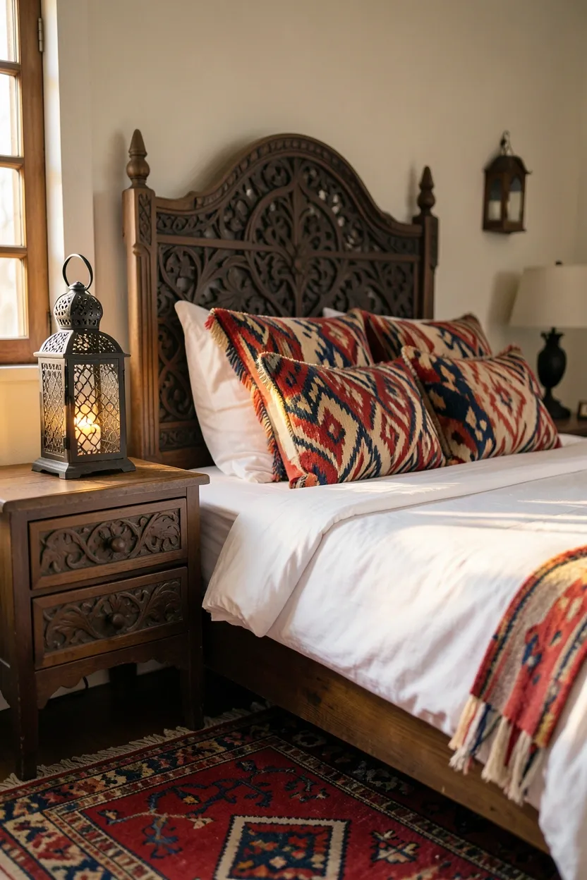 Moroccan-inspired boho bedroom with colorful kilim rug, ornate metal lanterns, and a carved wood headboard against neutral walls