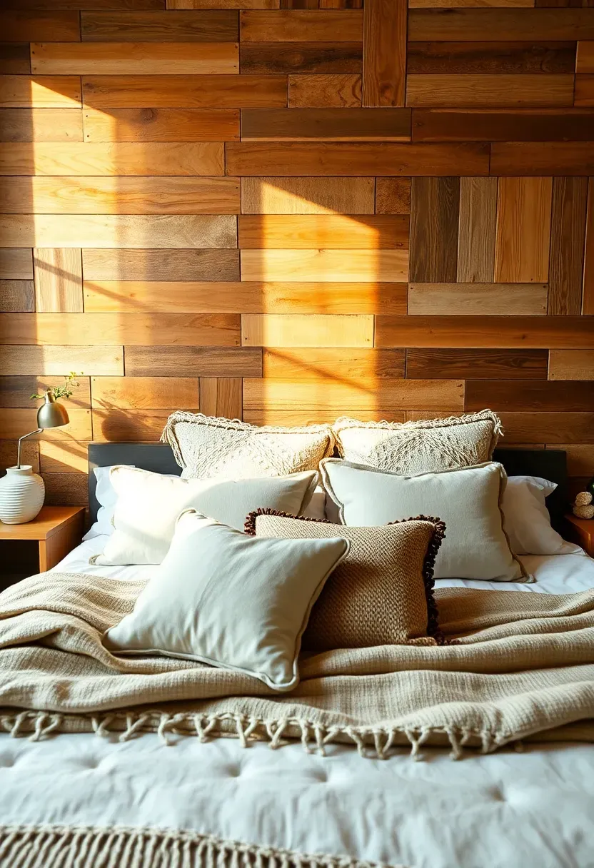 eclectic bedroom with reclaimed pallet wood mosaic accent wall arranged in a geometric pattern with mixed wood tones behind a boho-styled bed