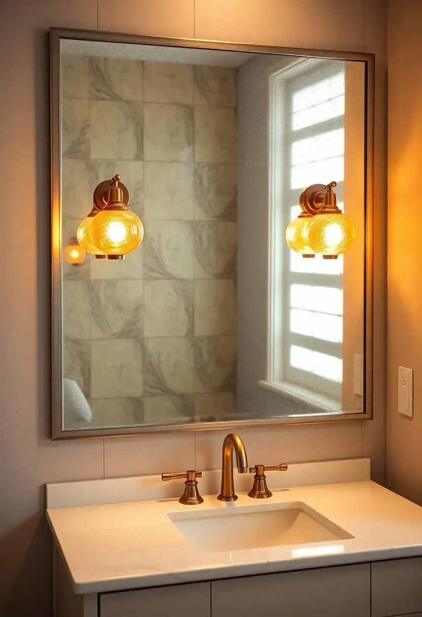 Antiqued mirror panel accent wall behind a bathroom vanity with warm globe sconces reflecting soft light