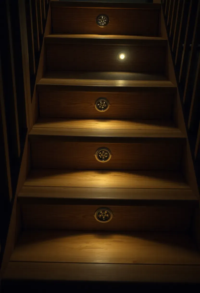 Recessed LED lights built into wooden deck stair risers casting a warm downward glow on each step at night