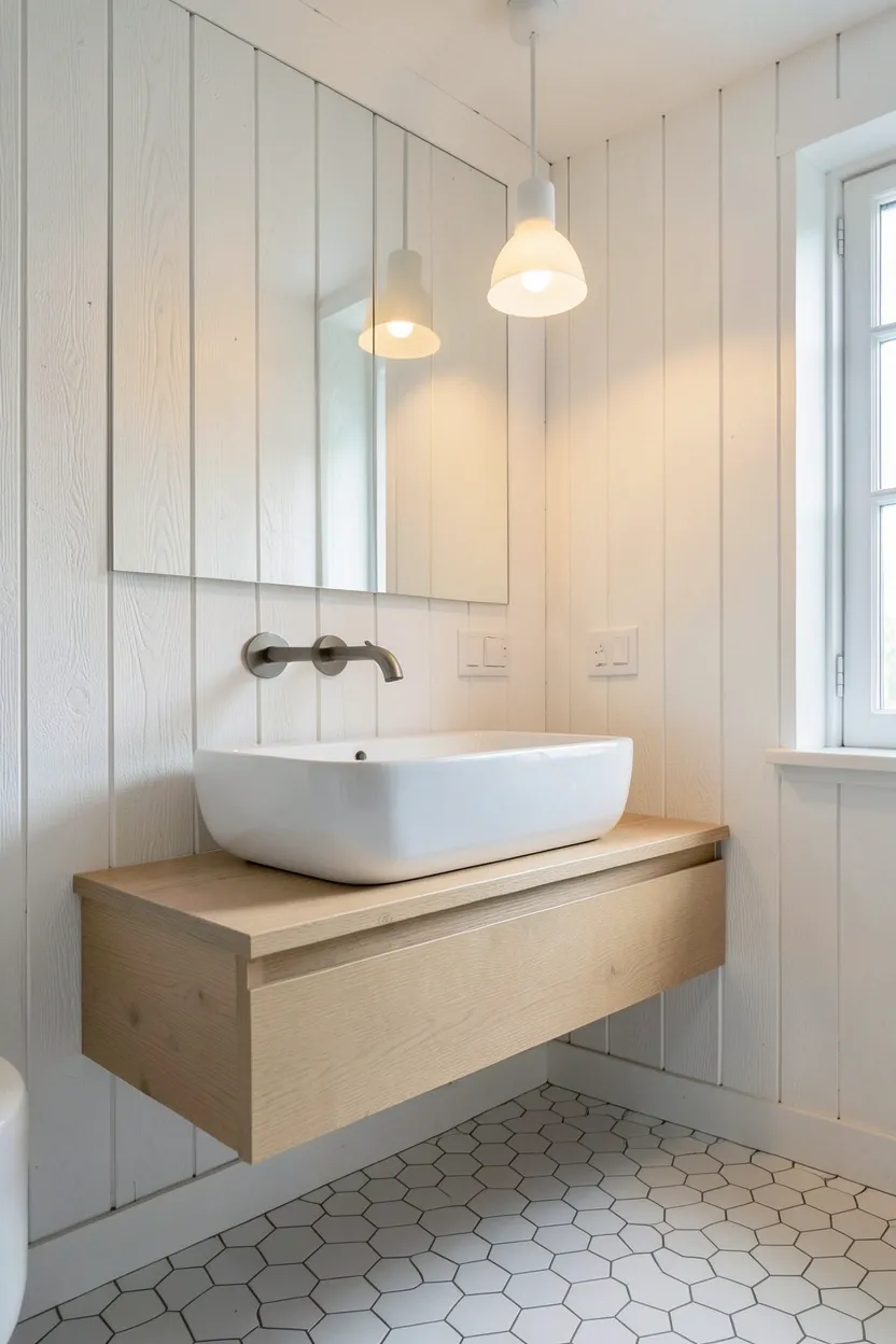 Scandinavian white bathroom with textured white plank walls, light oak floating vanity, white vessel sink, and round mirror